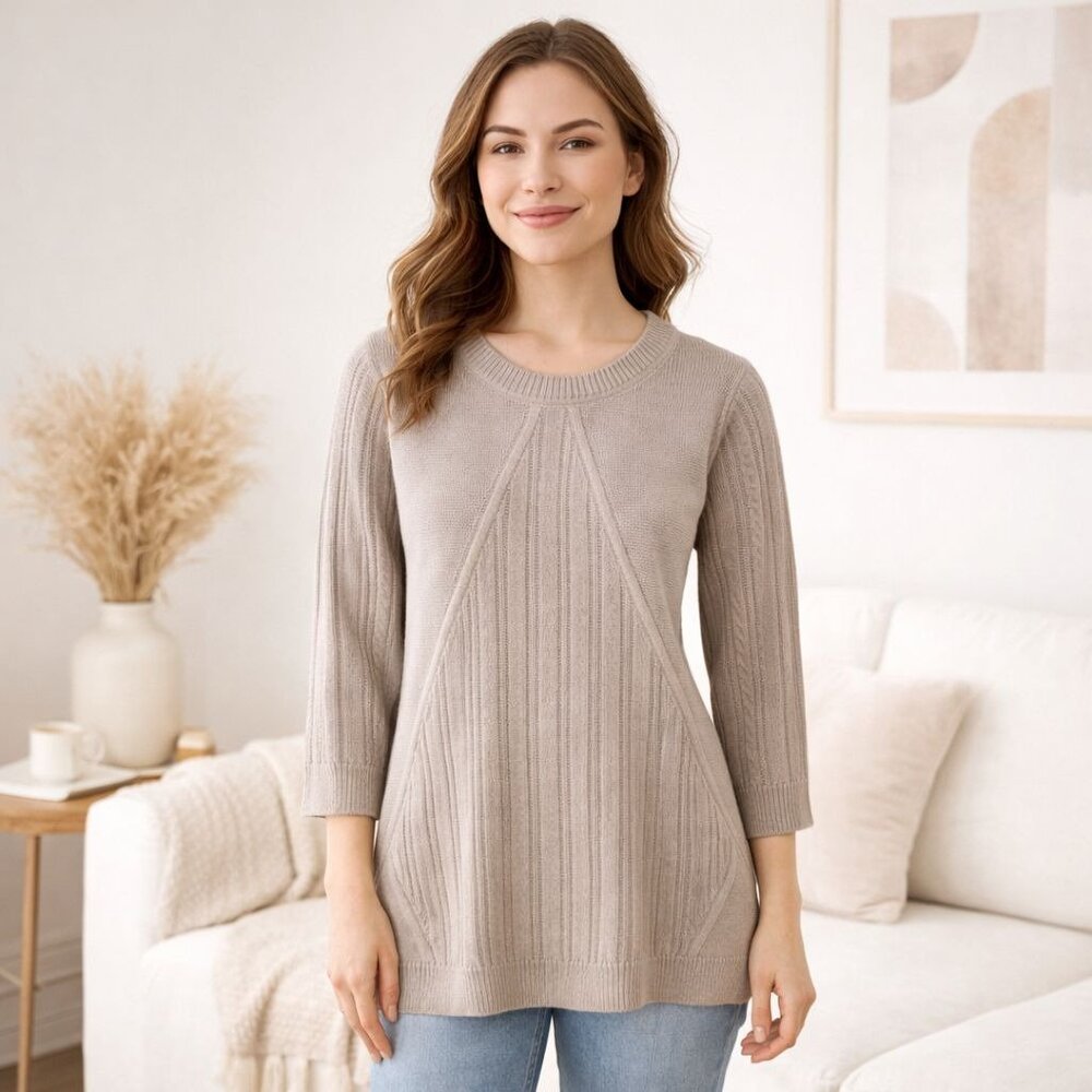 Simply Couture Womens Panel Sweater Size S Taupe Plush Cozy Knit Long Sleeve Top